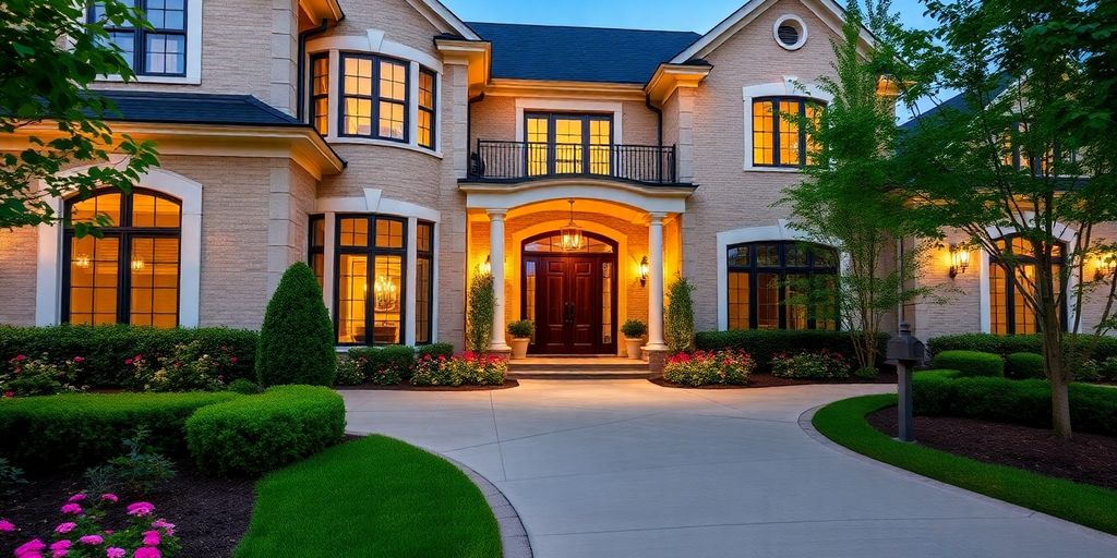 Luxury home exterior with lush landscaping.