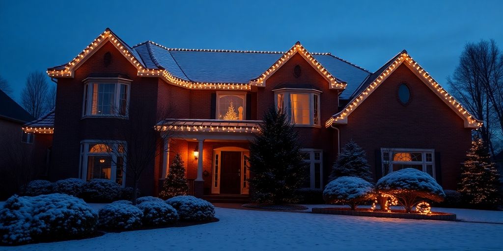 Sparkling permanent Christmas lights on upscale home.