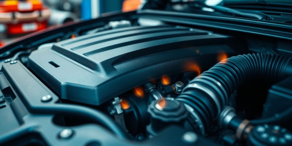 Car engine with glowing, stylized cost elements.