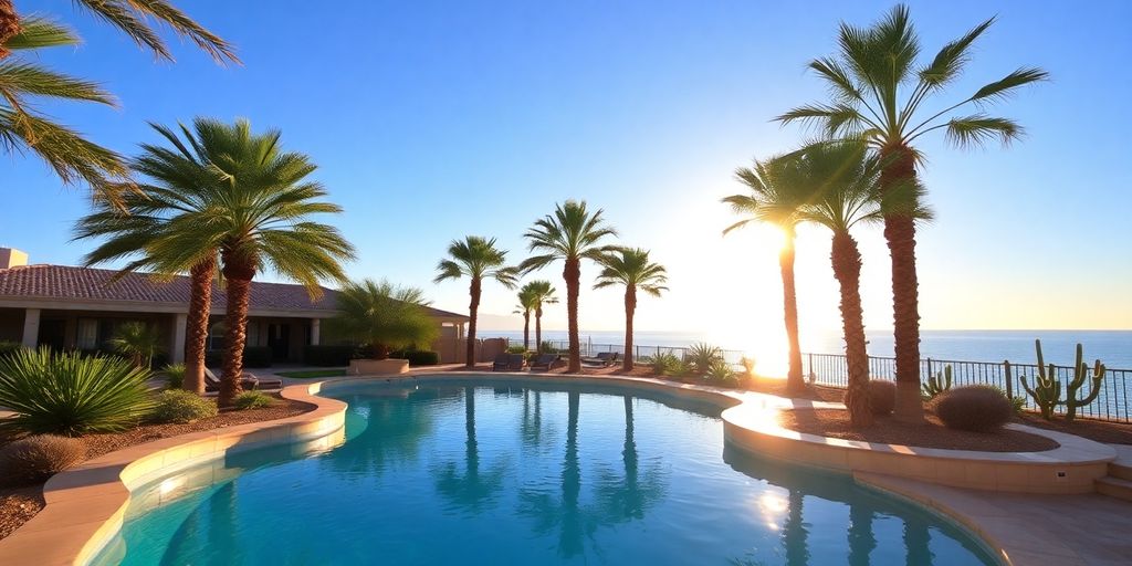 Tranquil pool scene at a luxury desert spa.