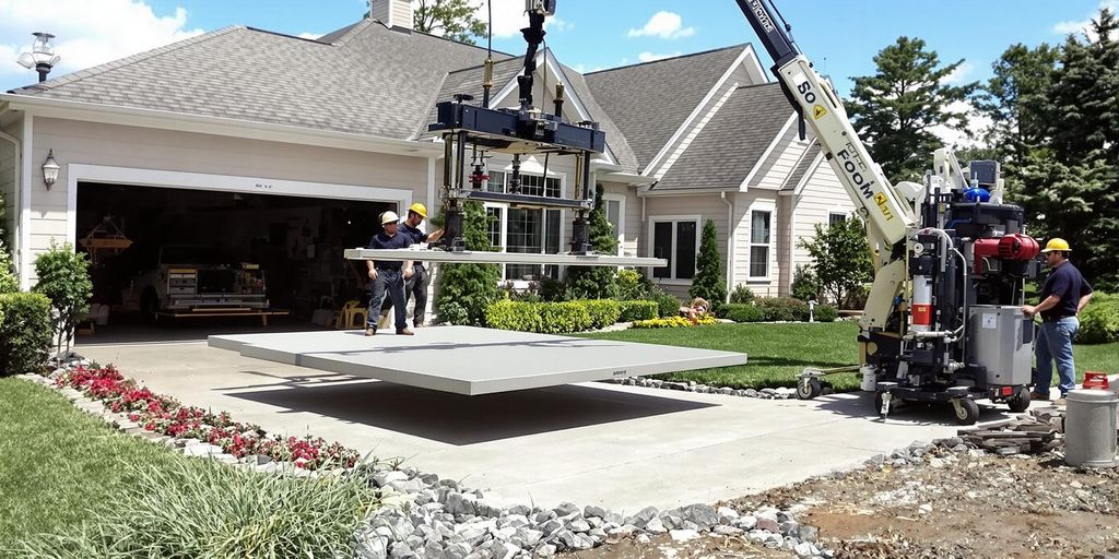 Workers lifting concrete slab in a residential area.