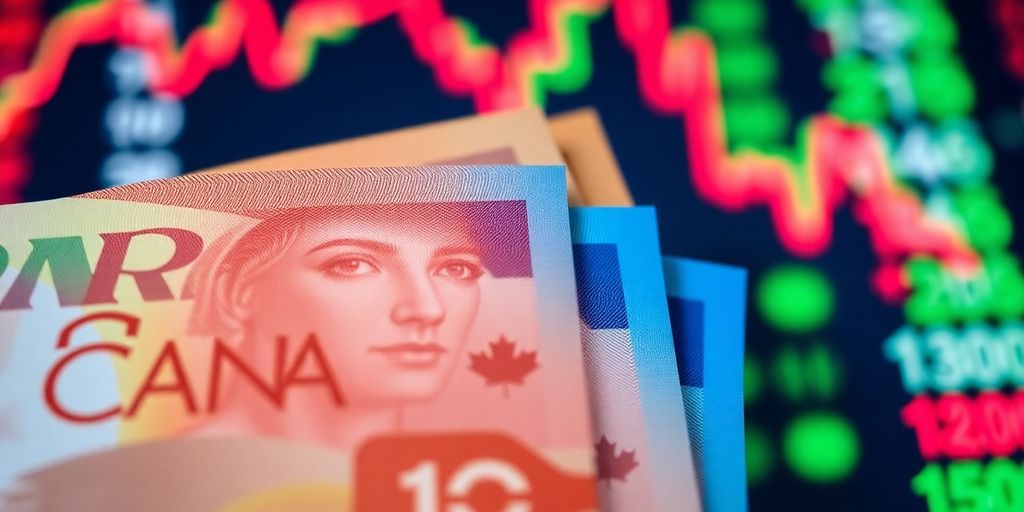 Notas de dólar canadense sobre fundo financeiro desfocado.