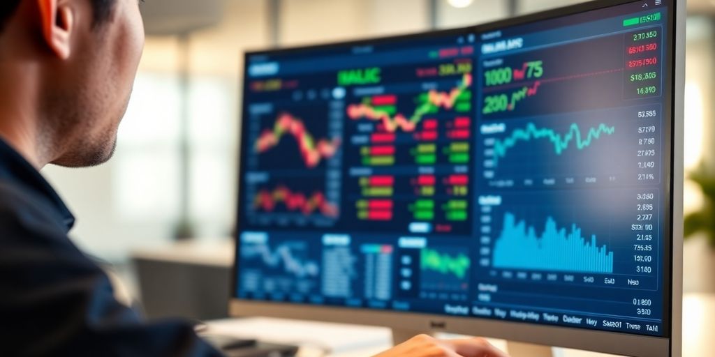 Person examining multiple investment options on a screen.