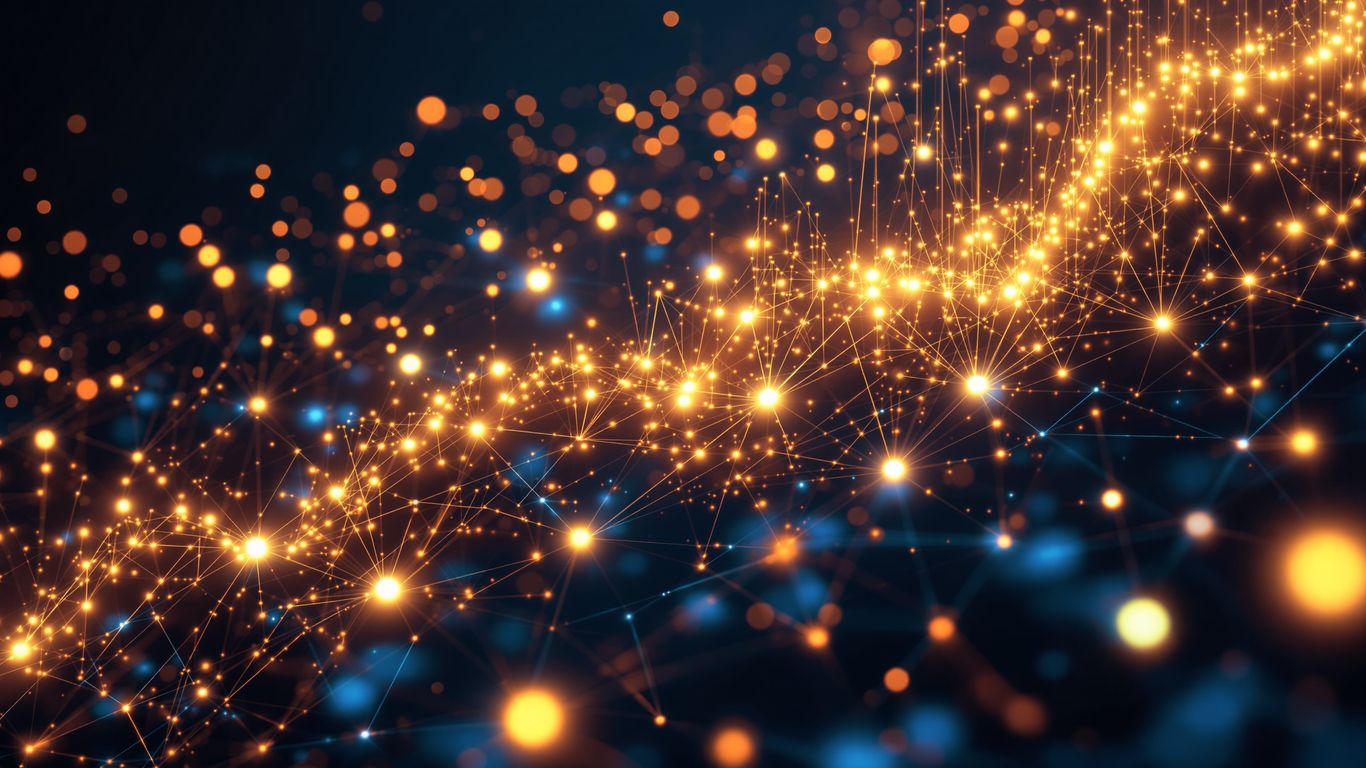 Glowing digital network with upward flowing golden light streams.