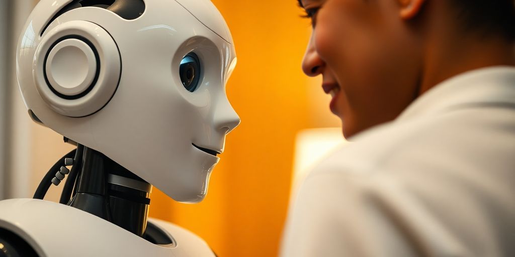 Human and humanoid robot interacting warmly.