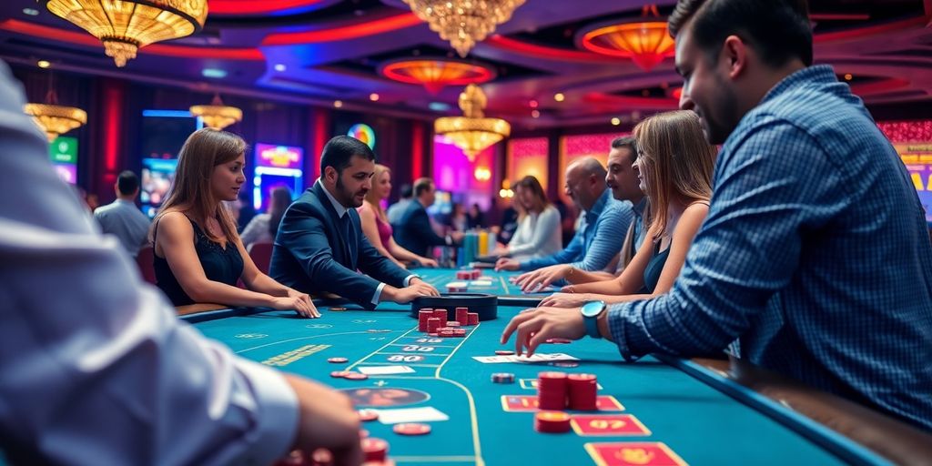 Live dealer interacting with players at a casino table.