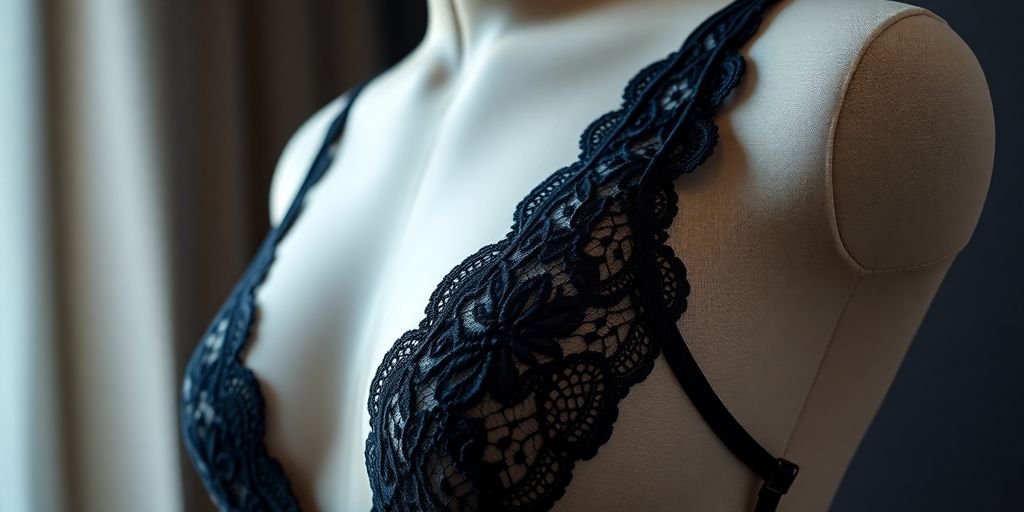 Elegant black lace bra on mannequin, dark background.