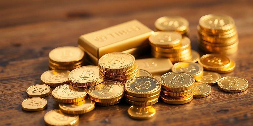 Pièces et barres d'or sur une table en bois.