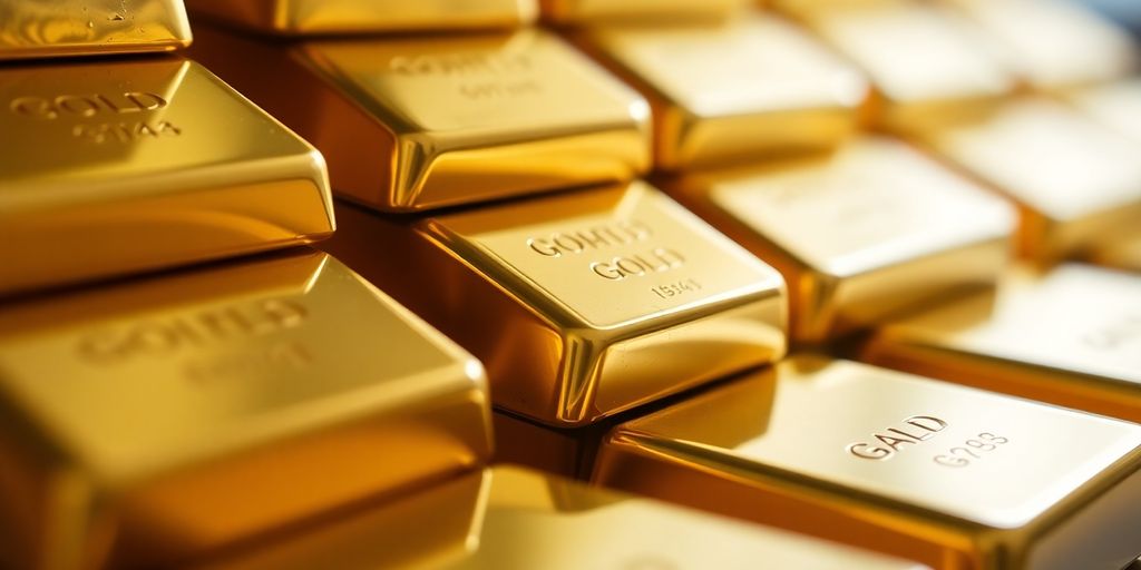 Barres d'or empilées, reflétant la lumière.
