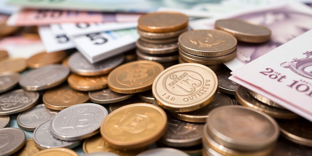 Pièces et billets formant une pile.