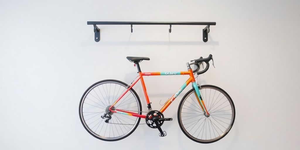 Wall-mounted bike storage system with hooks and modern design.