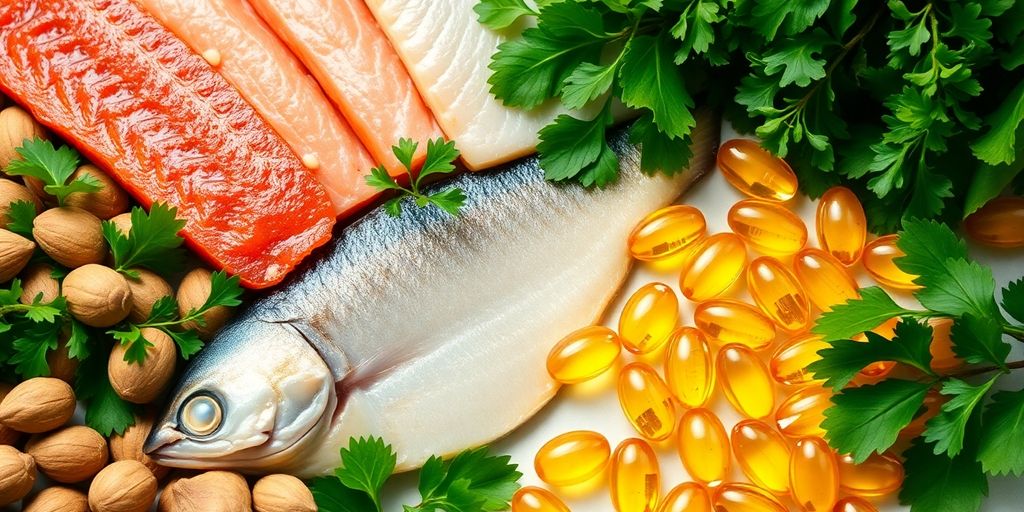Omega-3 fish oil capsules and healthy foods.