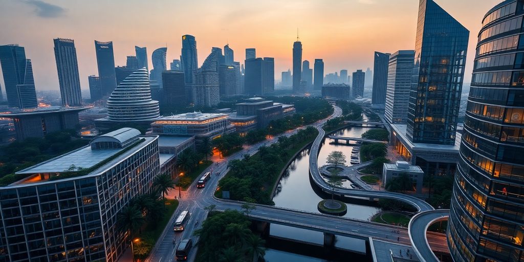 Singapore skyline with rooftop gardens, solar panels, driverless buses, bridges