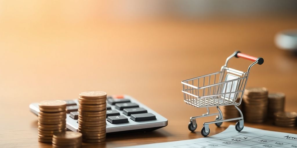 Calculator with coins and a shopping cart on a desk.