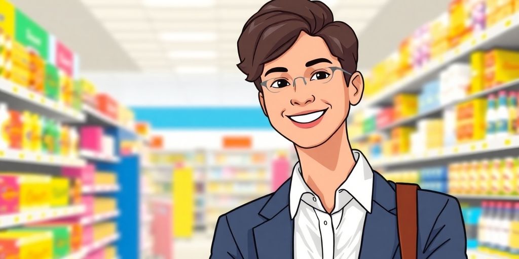 Person in red shirt smiles in store aisle