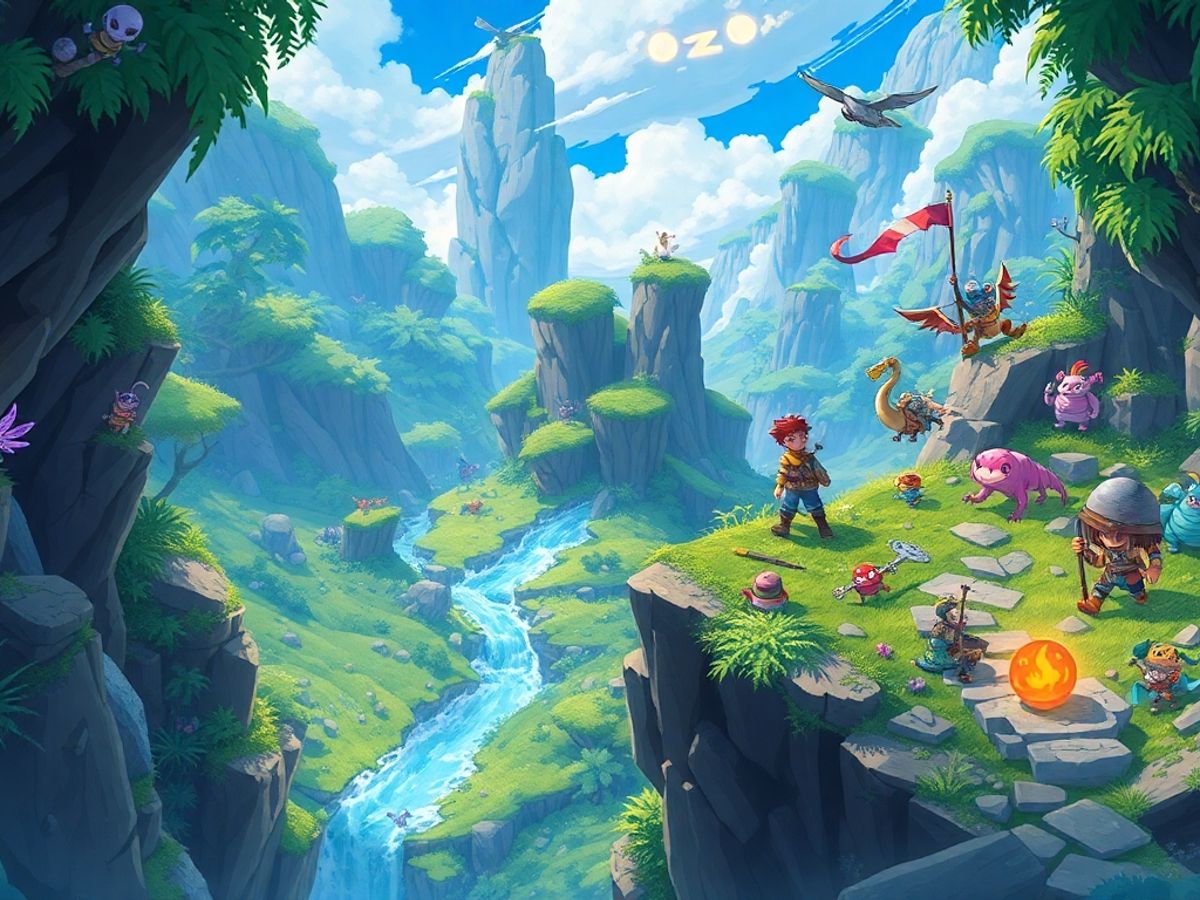Colorful adventure scene with characters exploring vibrant landscapes.