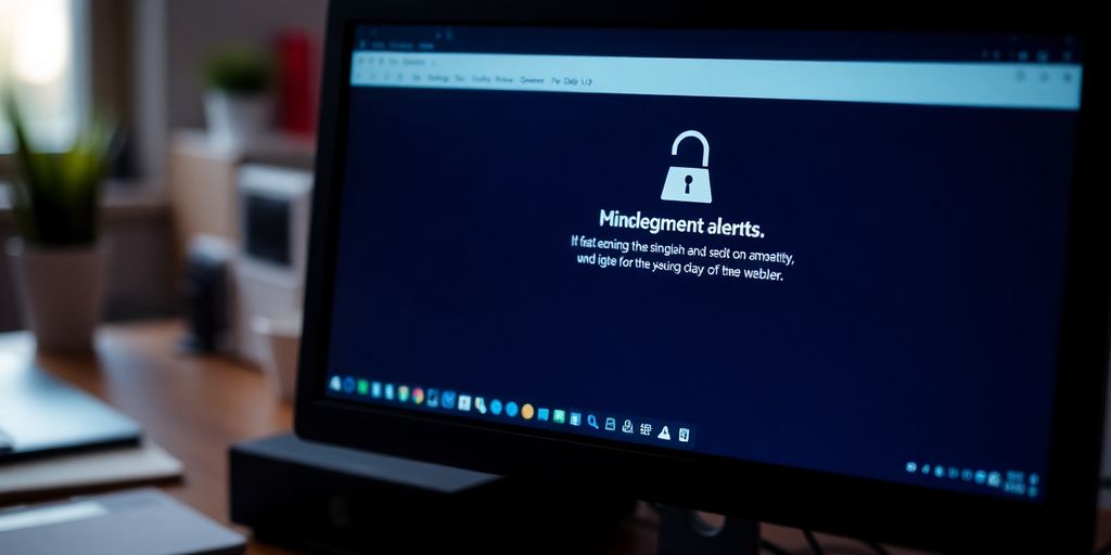 Computer screen alert about cyber crime in home office.