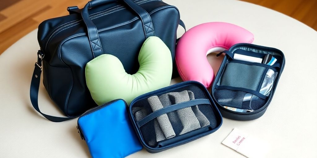 Practical travel accessories for older women on a soft surface.