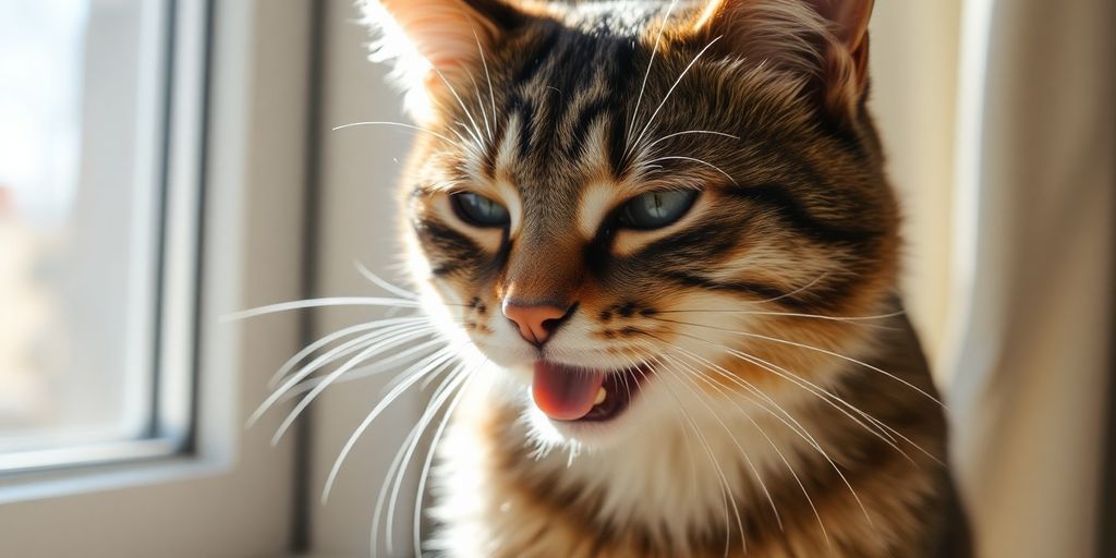 Cat panting in a sunbeam, looking uncomfortable.