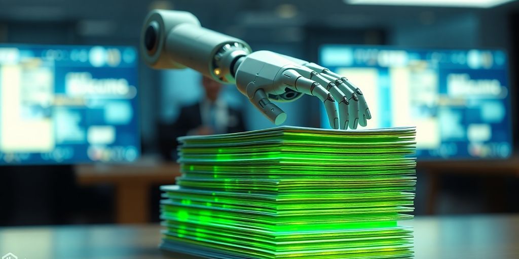 Robotic arm sorting job applications.