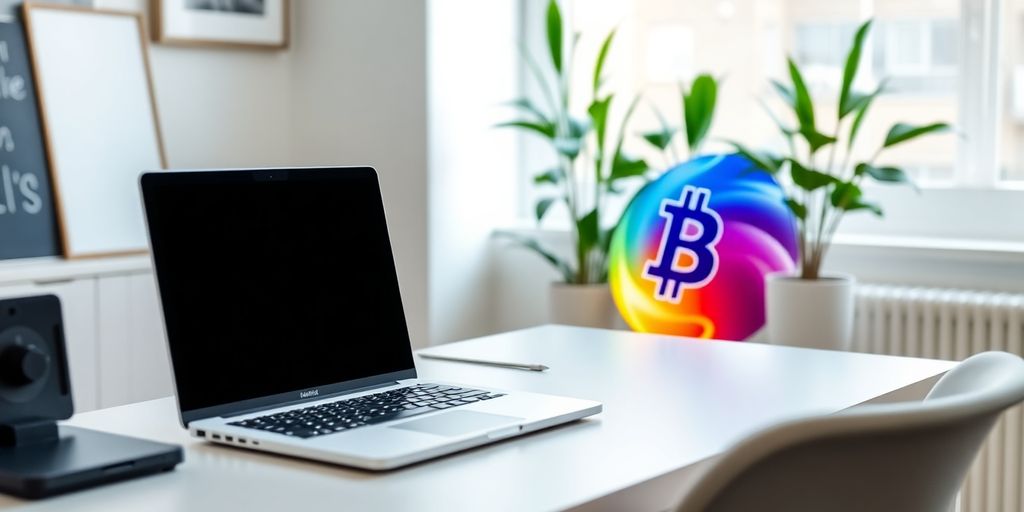 Home office with laptop and Bitcoin logo on screen.