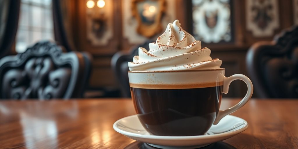 Frothy coffee, whipped cream, elegant café interior, warm lighting.