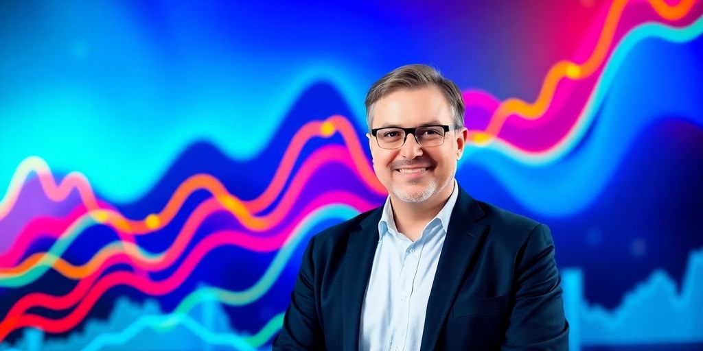 Founder in front of abstract digital growth landscape.
