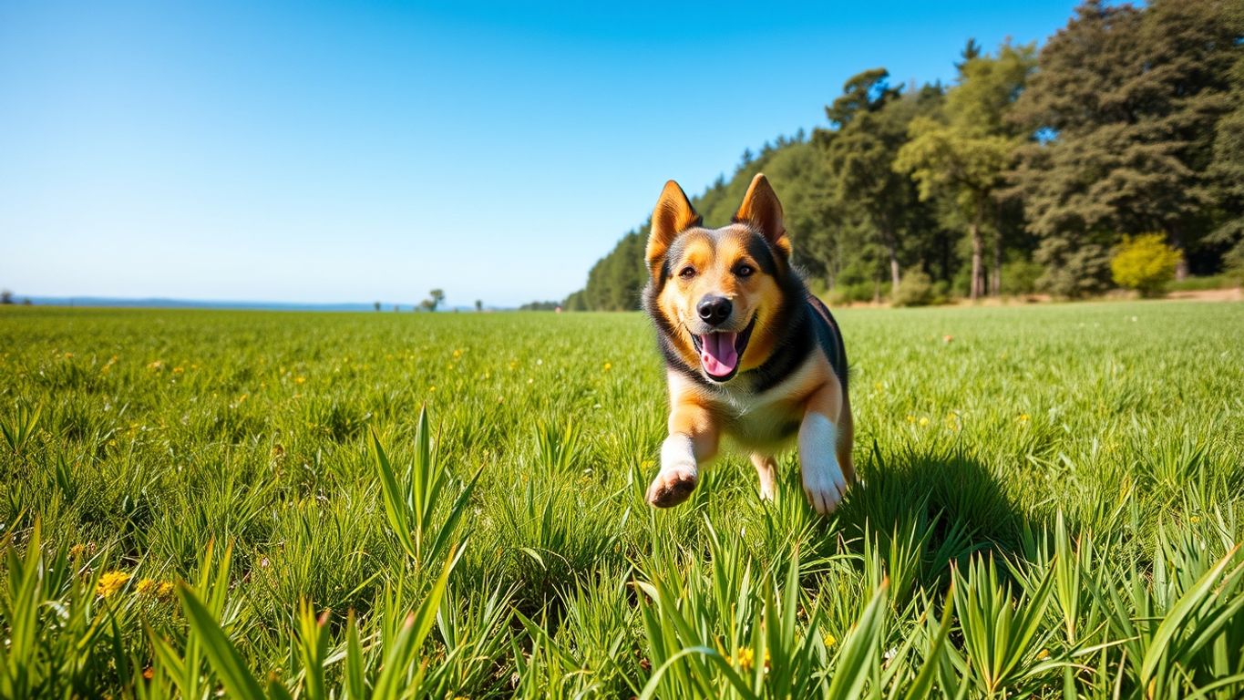 Norwegian Buhund playing in a green field.