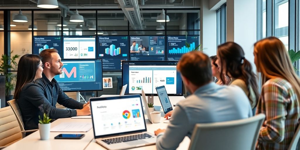 Profissionais de marketing digital em ambiente moderno.