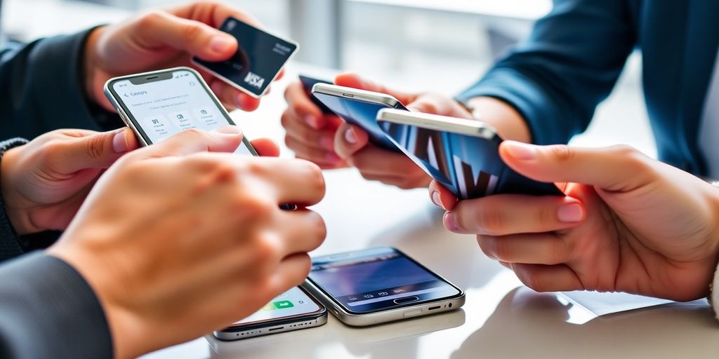 Hands using various modern payment solutions for e-commerce.