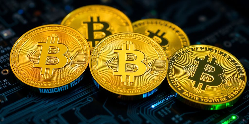 Digital coins on glowing circuit board background.