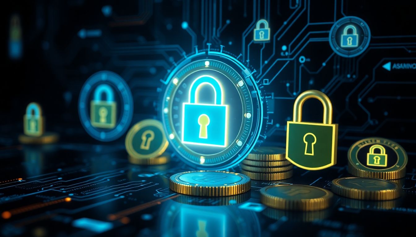 Digital privacy coins with security symbols on a dark background.