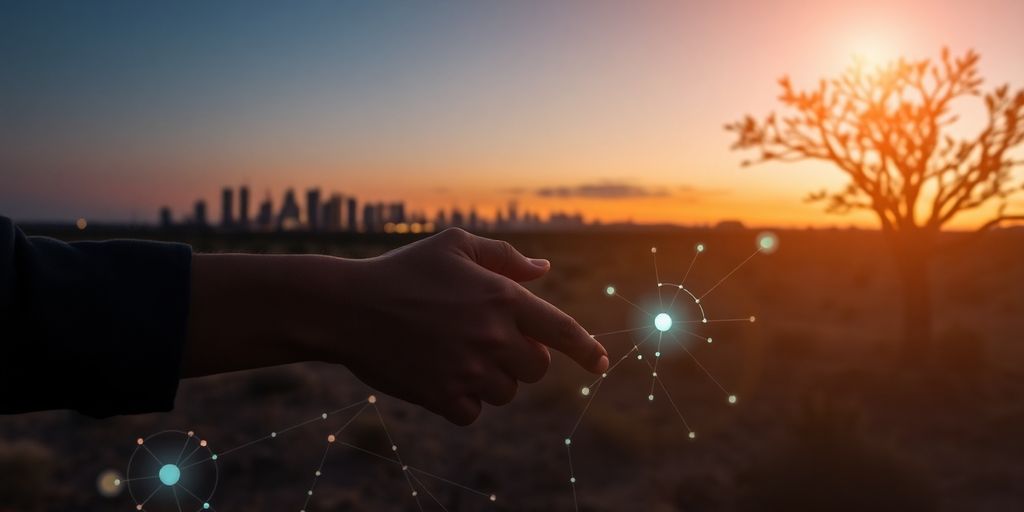 Outback silhouette, city skyline, tech glowing, business handshake, innovation.