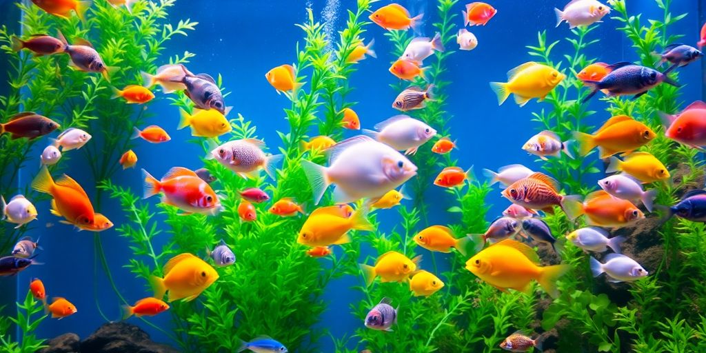 色彩斑斓的淡水鱼在郁郁葱葱的水族馆中游动。