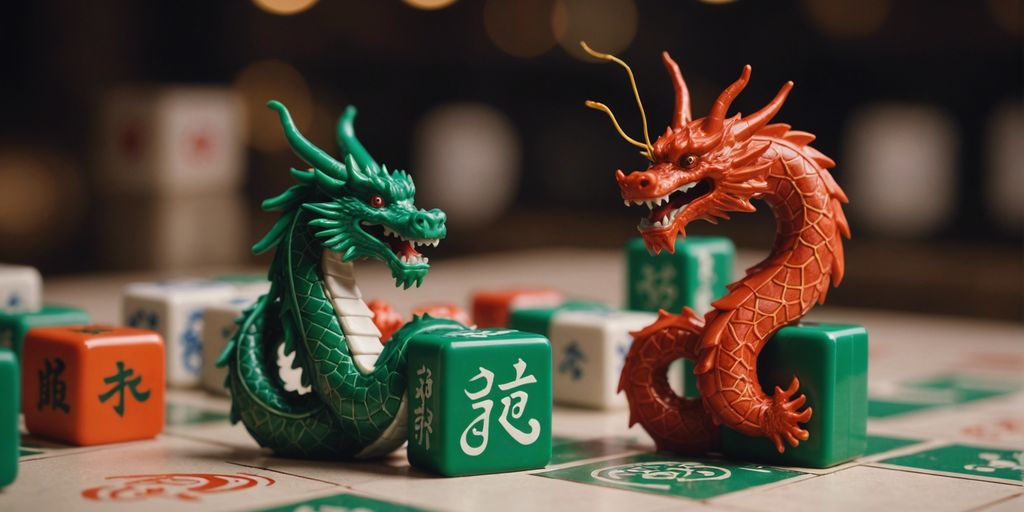 Close-up of Mahjong dragon tiles with a game in progress in the background.