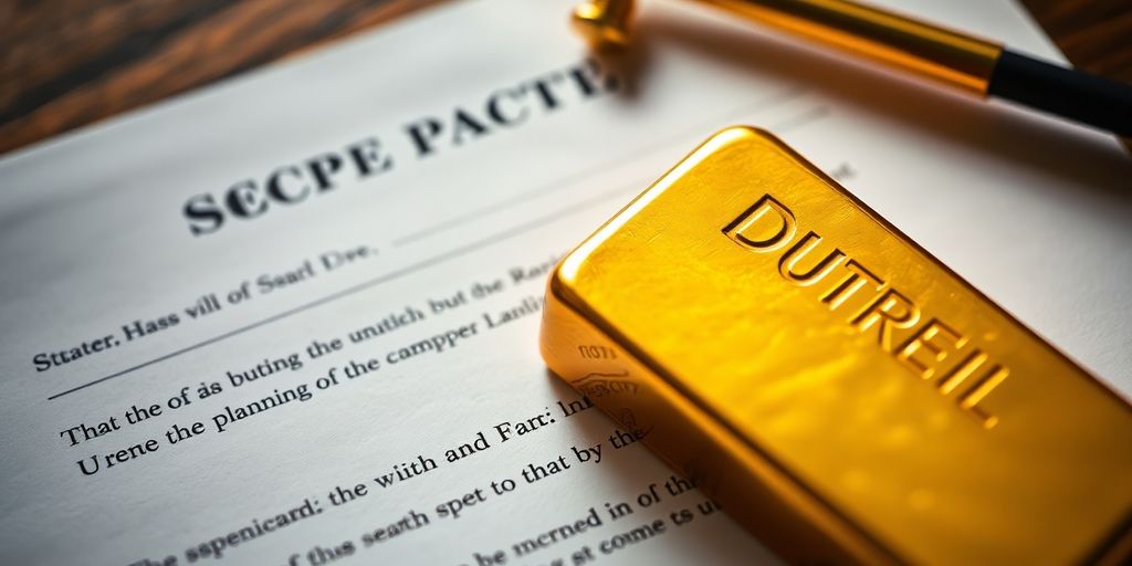 Barre d'or et document juridique en arrière-plan.