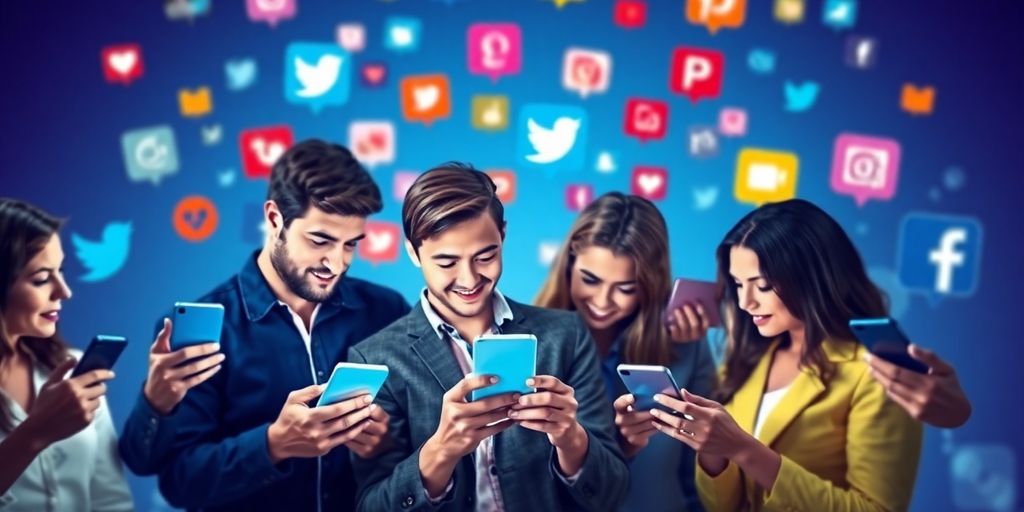 Pessoas usando smartphones com ícones de redes sociais.