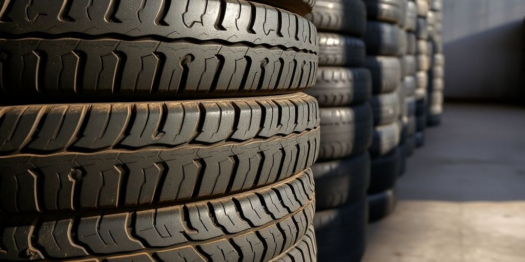 Stack of used car tires, bright sunlight.