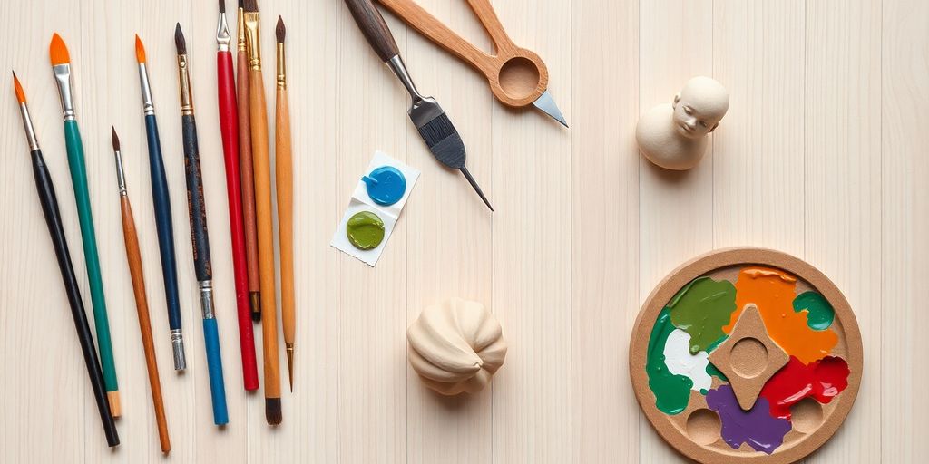Artist resumes, art tools, paintbrushes, palette, clay