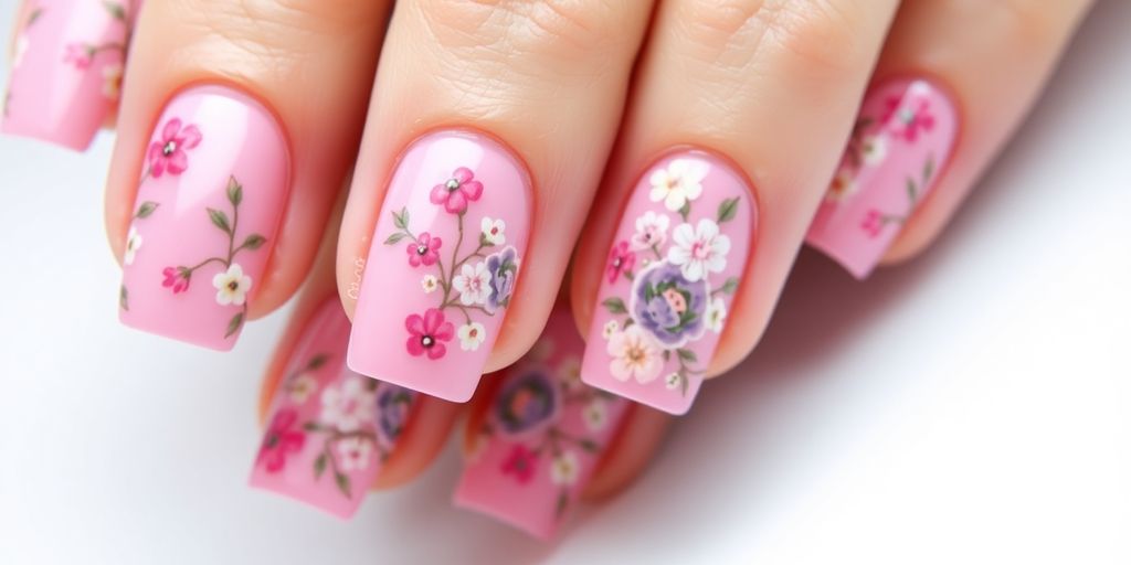 Unhas rosa com desenhos florais em estilo francesinha.