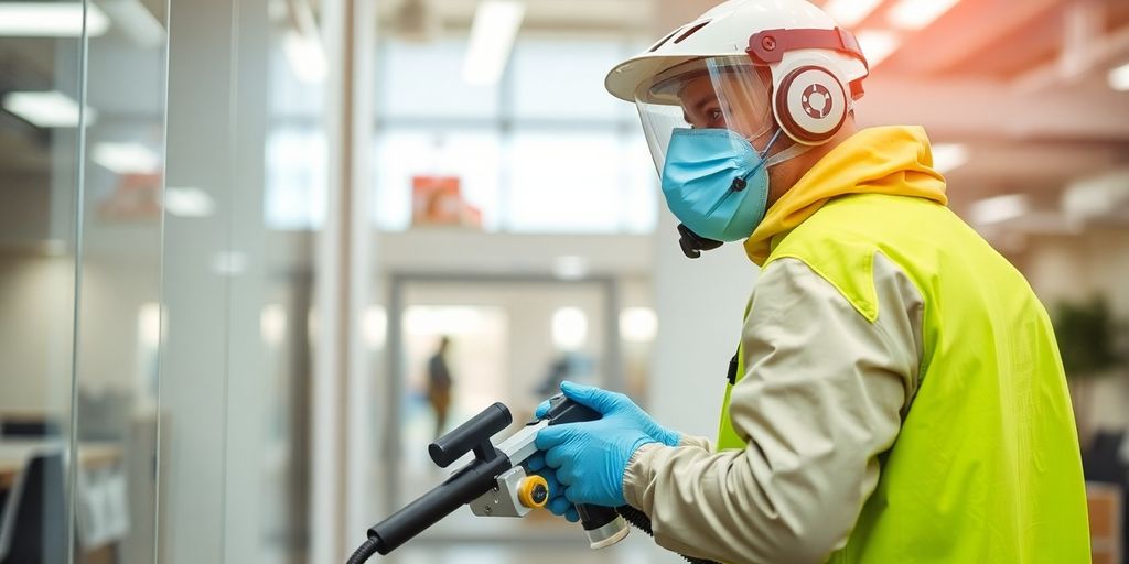 Tehnician de dezinsecție în acțiune, echipat corespunzător.