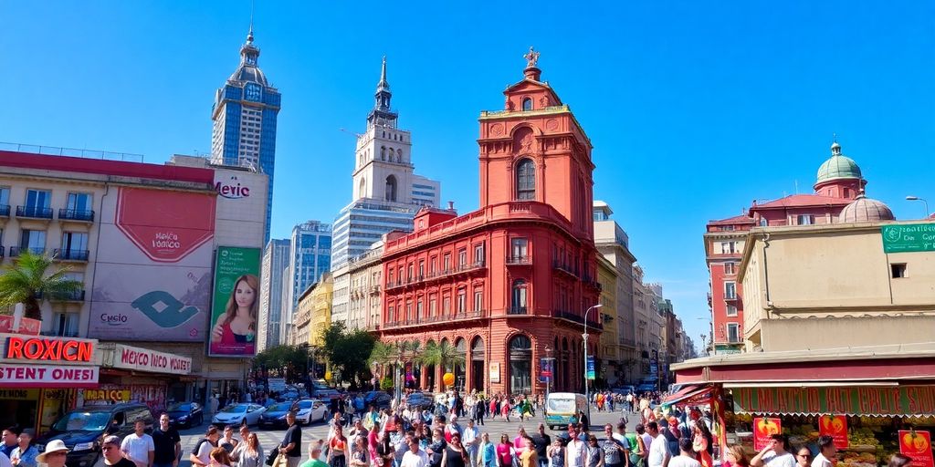 Vibrant urban landscape of Mexico City with colorful buildings.
