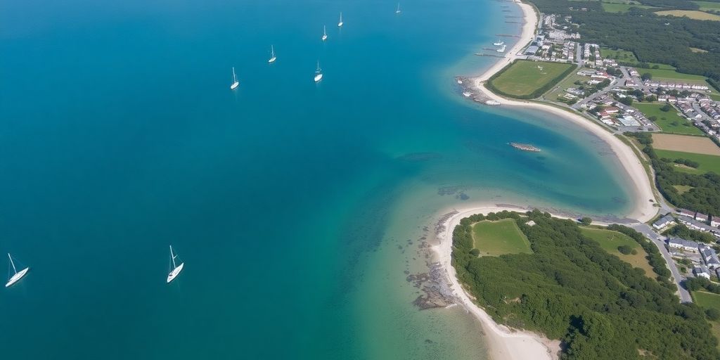 Vue aérienne du Golfe du Morbihan avec bateaux.