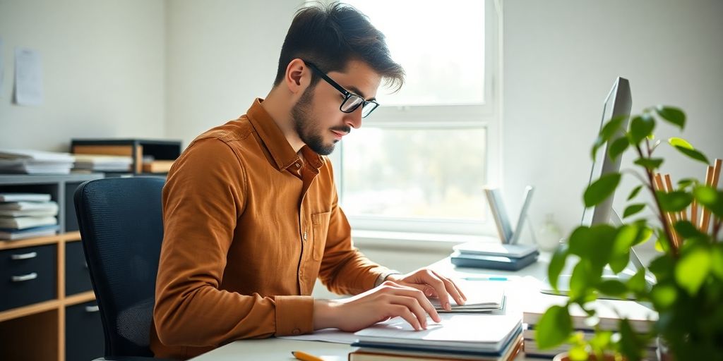 Person calmly working amidst a vibrant, productive workspace.