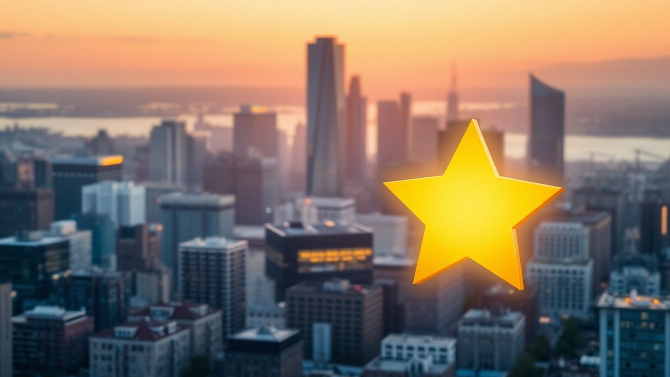 Estrellas de reseñas de Google sobre un paisaje urbano canadiense.