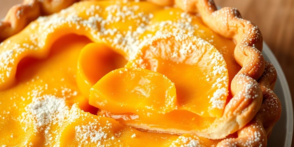 Golden peach mango pie slice, creamy filling
