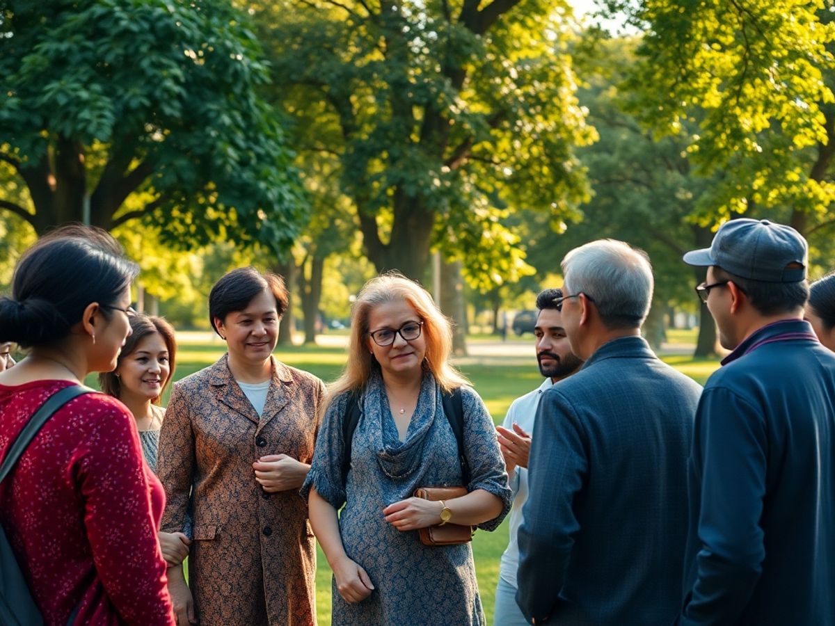 Diverse group discussing life in a tranquil park setting.