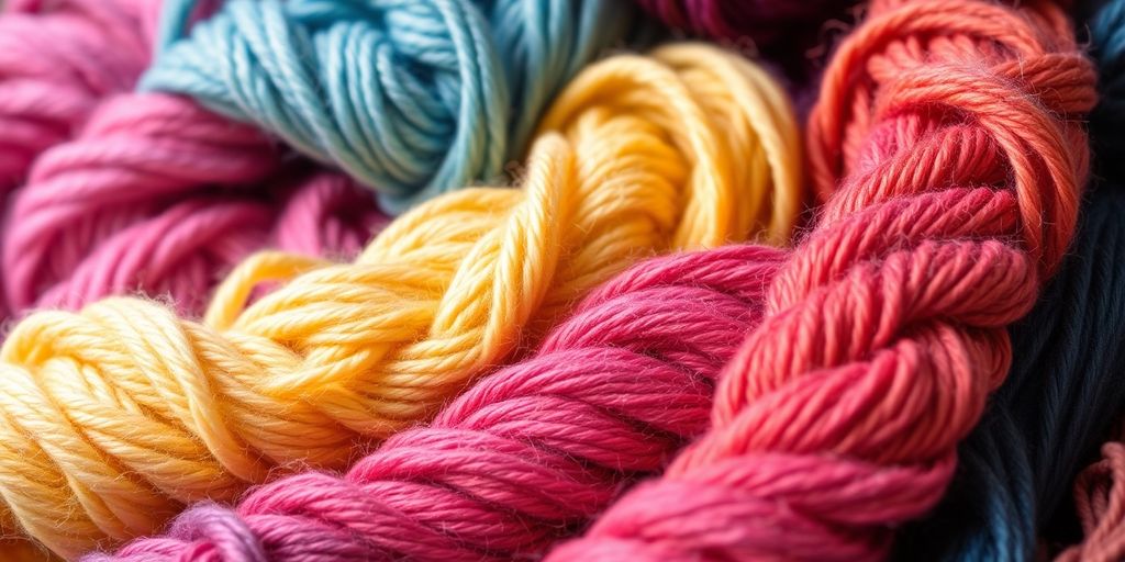 Colorful yarn skeins neatly arranged on shelves.