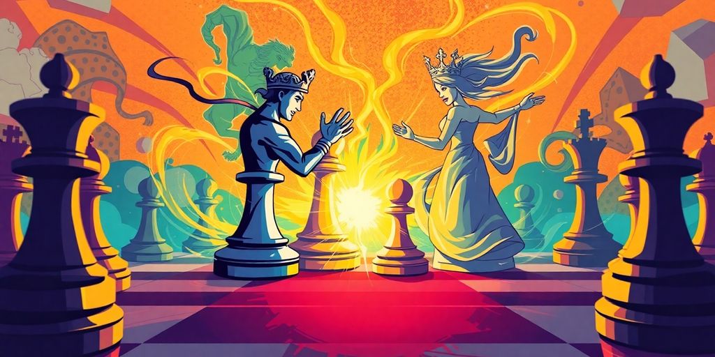 Chessboard with glowing pieces, intense competition.