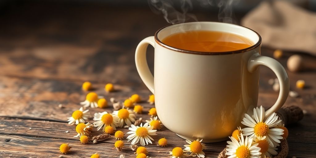 Steaming mug of chamomile tea with dried chamomile flowers.